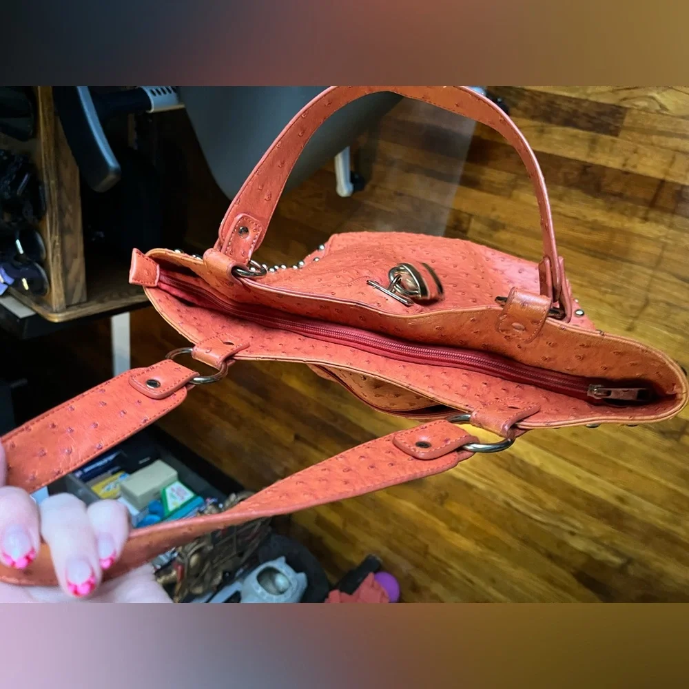 Expressions NYC Orange Faux Ostrich Studded Shoulder Bag Slightly Flawed - Picture 15 of 16